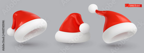 Santa hat christmas decoration. 3d realistic render vector icon set