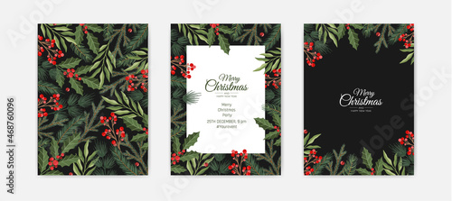 Set of Merry Christmas greeting cards, vertical banners, flyers, invitations. Happy New Year, Happy Holidays cards with christmas florals and winter objects