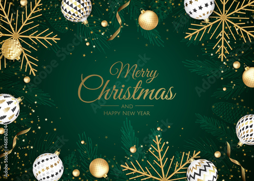 Merry Christmas and Happy New Year background. Christmas holiday card with fir tree, snowflakes, balls