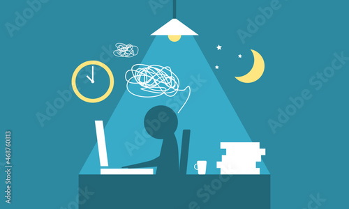 Office worker deadline busy overtime late night on working space table laptop or computer notebook blue background flat vector design.