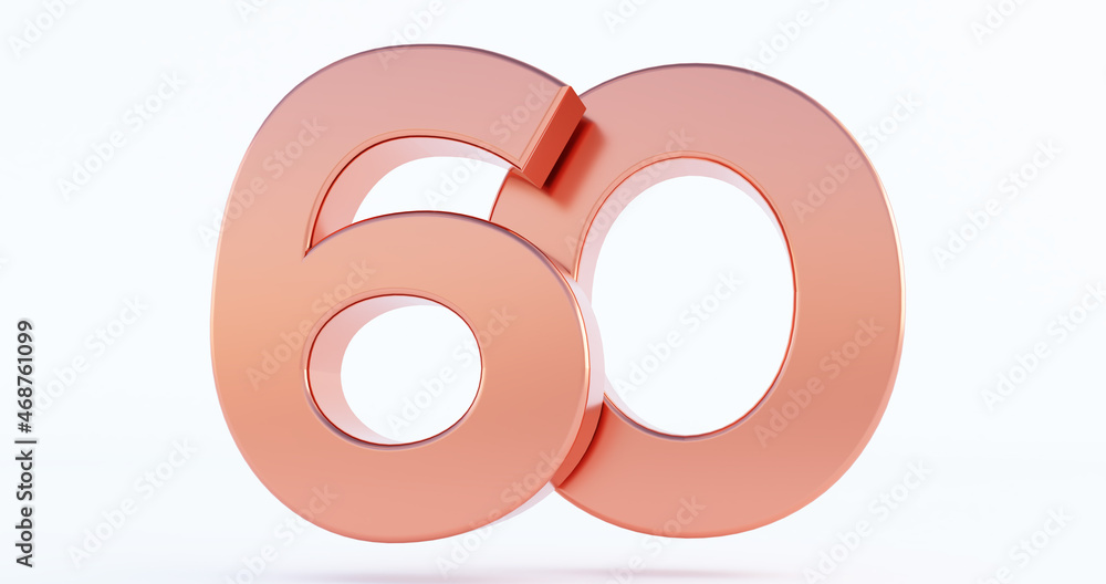 bronze number 60 isolated on white background, 3D rendered glossy metallic digit, number sixty bronze number 60 isolated on white background, 3D rendered glossy metallic digit, number sixty