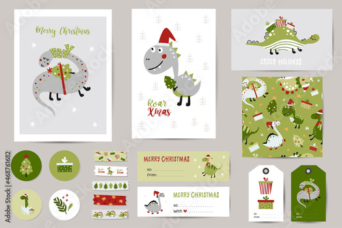 Christmas set with Christmas cards  notes  stickers  labels  tags with cute dinosaurs