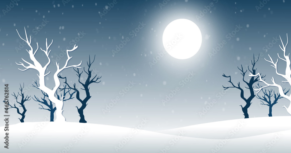 Image of wooden sign over snow falling and winter scenery at christmas Image of wooden sign over snow falling and winter scenery at christmas