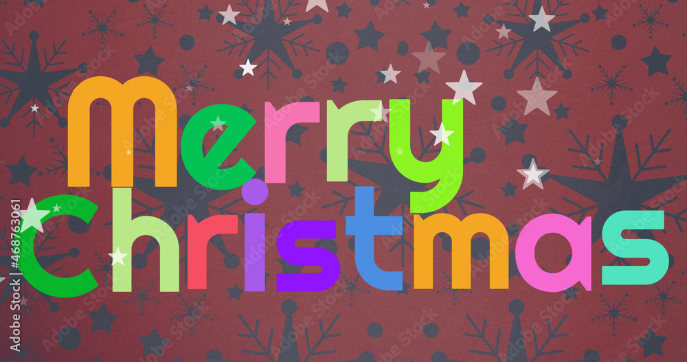 Image of colorful merry christmas over stars, snowflakes on red background