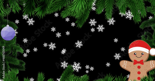 Image of christmas fir tree frame over snow and snowman on black background