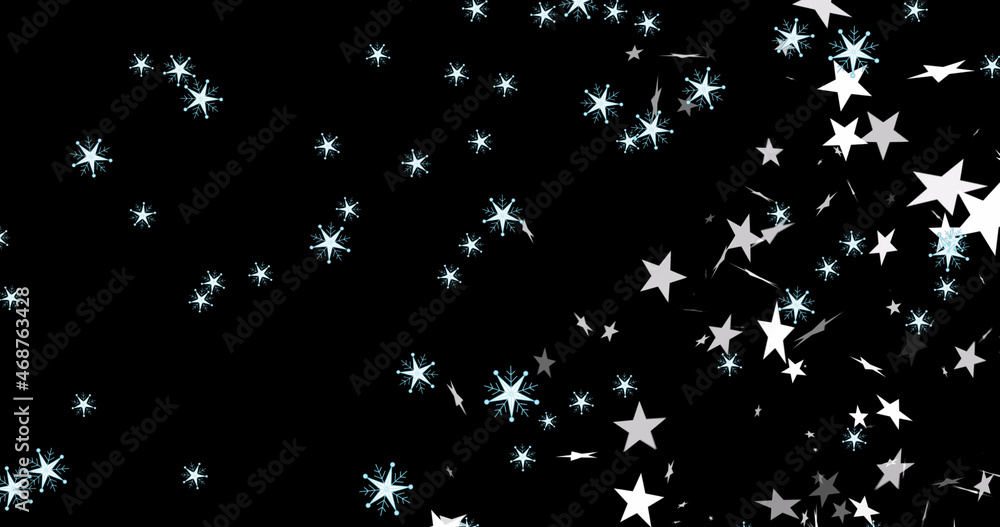 Image of christmas stars and snowflakes falling over black background Image of christmas stars and snowflakes falling over black background
