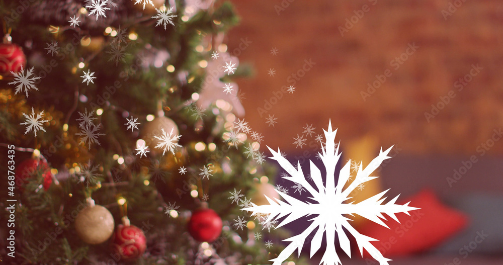 Image of christmas snowflakes falling over christmas tree