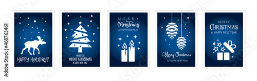 Set of christmas and happy new year greeting cards blue coloured background. Four Vector Illustrations postcards with lettering calligraphy decorative ornament elements