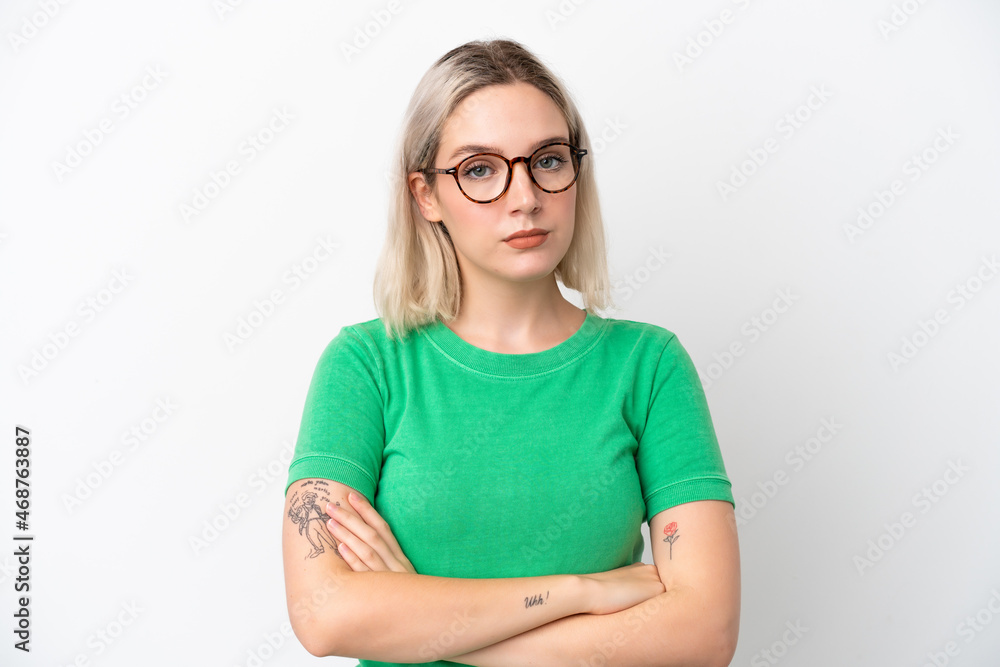 Young caucasian woman isolated on white background With glasses and arms crossed Young caucasian woman isolated on white background With glasses and arms crossed
