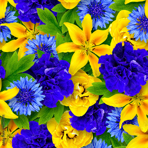 Stylish seamless pattern of cornflower, petunia, lily and tulip flowers. Bright bouquet in blue-yellow tones. Chaotic arrangement of buds.