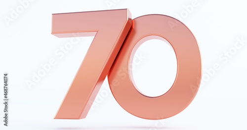 bronze number 70 isolated on white background, 3D rendered glossy metallic digit, number seventy