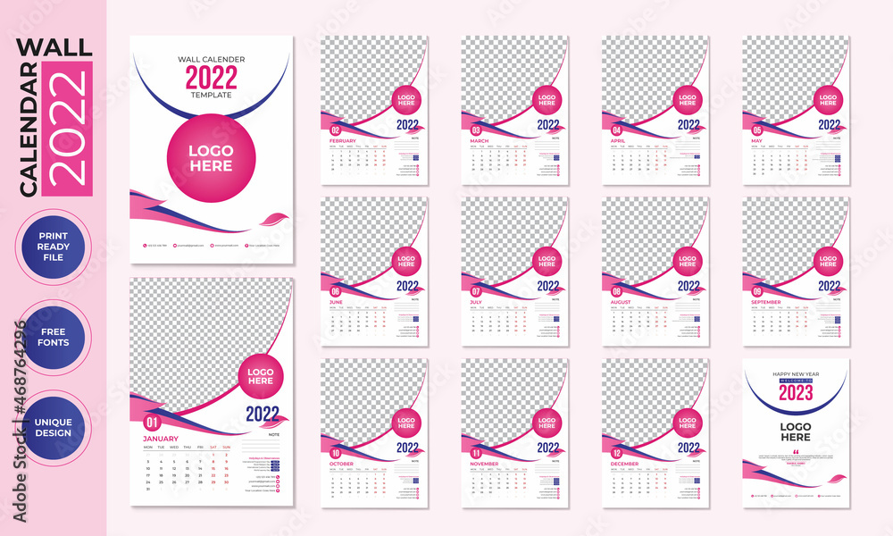 Wall Calendar 2022, Print Ready, Clean & Vector Wall Calendar 2022, Print Ready, Clean & Vector