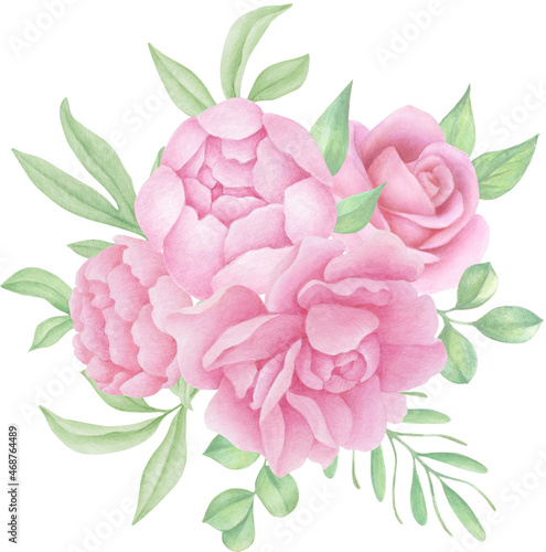 Watercolor Pink Peony bouquets. Peonies and rose flowers