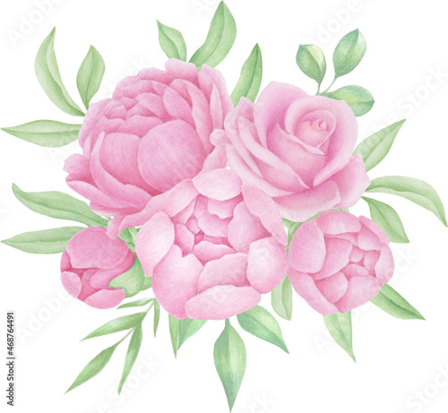 Watercolor Pink Peony bouquets. Peonies and rose flowers
