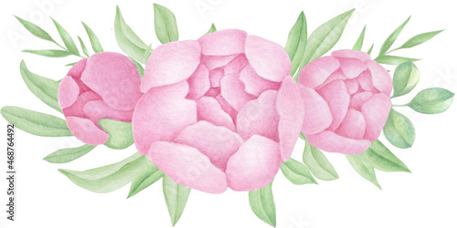 Watercolor Pink Peony bouquets. Peonies flowers
