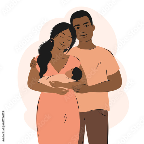 Dark skinned parents with child, happy family with newborn. Vector illustration.