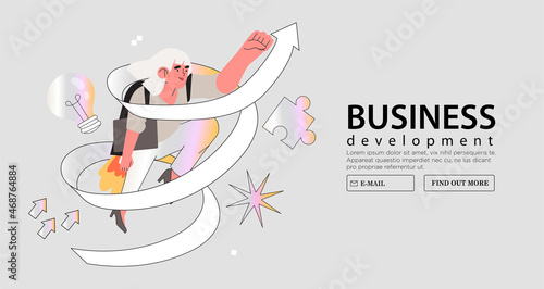 Business woman fly on jetpack and follow arrow through obstacles to her goal or to success. Business developement, career skill growth, opportunity, startup concept banner, landing web page. photo