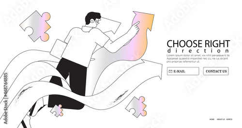Man choose way concept. Start of career. Confident businessman think about right path. Pathway selection dilemma. Vector illustration of male character follow arrow to success or goal. Personal choice