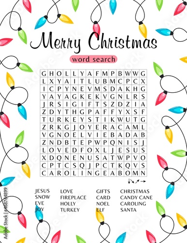 Merry Christmas word search puzzle. Printable worksheet about winter holidays. Educational crossword game for children and adults. Party card. Page for learning English. Xmas vector illustration 
