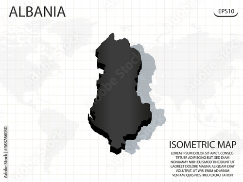 3D Map black of Albania on world map background .Vector modern isometric concept greeting Card illustration eps 10.