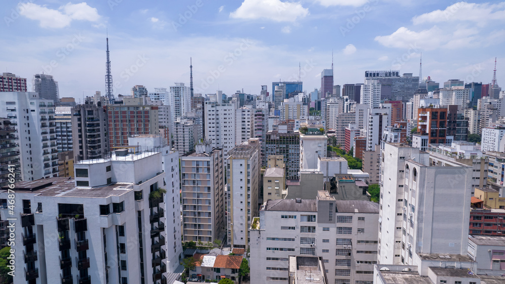 Aerial view of Jardins district in São Paulo, Brazil. Residential and commercial buildings in a prime area with Av. Paulista on background Aerial view of Jardins district in São Paulo, Brazil. Residential and commercial buildings in a prime area with Av. Paulista on background