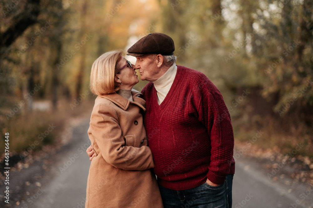Elderly man lovingly looks at his elegant pensioner, hugs and enjoys her beauty, senior married couple dancing in autumn park, celebrating anniversary, affection Elderly man lovingly looks at his elegant pensioner, hugs and enjoys her beauty, senior married couple dancing in autumn park, celebrating anniversary, affection