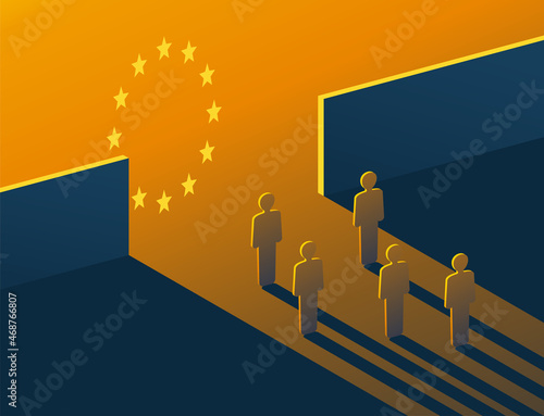 Refugees or migrants standing on European border