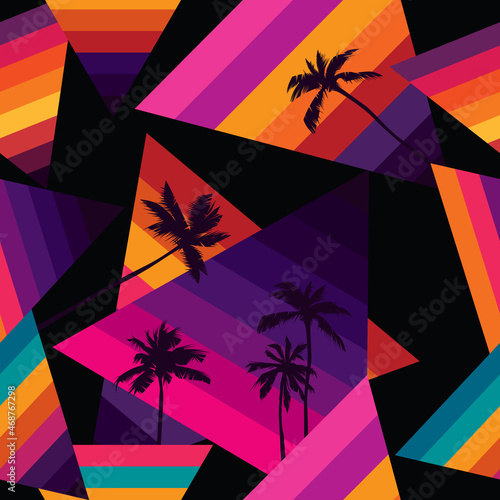 Original vector seamless pattern in vintage style. Abstract retro background with palm trees.