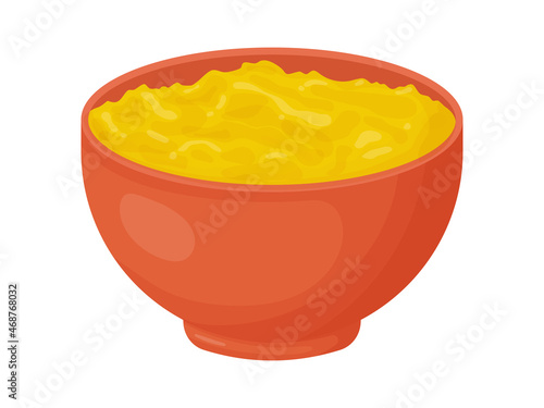 Ghee in red bowl. Asia traditional butter in cartoon style. Food ingredient for cooking.