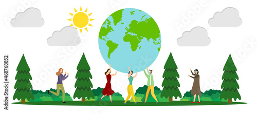 people holding earth, nature support, vector illustration