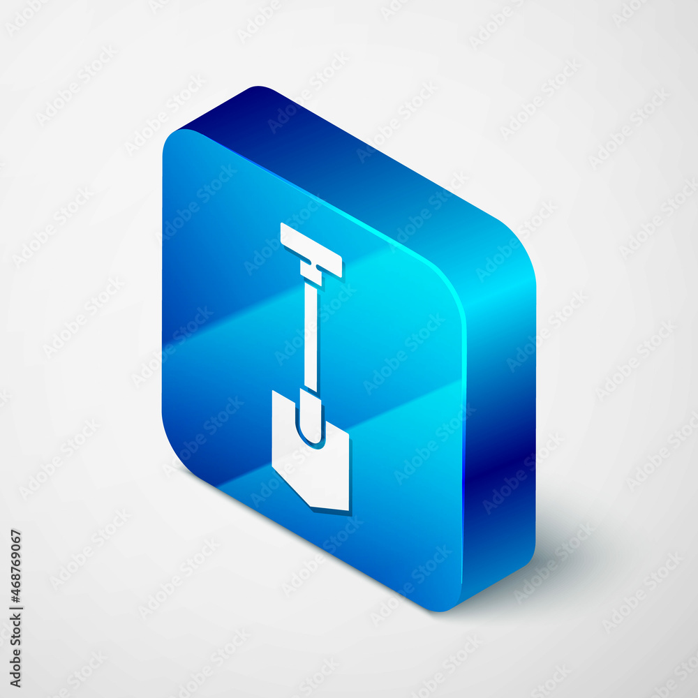 Isometric Shovel icon isolated on grey background. Gardening tool. Tool for horticulture, agriculture, farming. Blue square button. Vector Illustration Isometric Shovel icon isolated on grey background. Gardening tool. Tool for horticulture, agriculture, farming. Blue square button. Vector Illustration