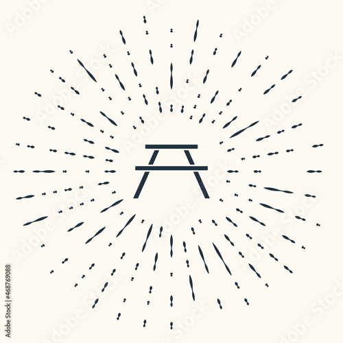 Grey Picnic table with benches on either side of the table icon isolated on beige background. Abstract circle random dots. Vector Illustration