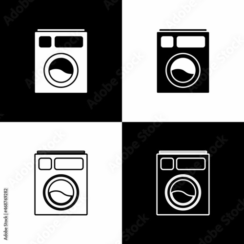 Set Washer icon isolated on black and white background. Washing machine icon. Clothes washer - laundry machine. Home appliance symbol. Vector Illustration