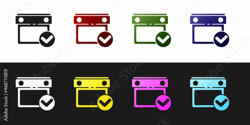Set Calendar with check mark icon isolated on black and white background. Vector