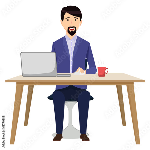 Cute businessman freelancer character siting on modern home office desk with table chair coffee cup with pc laptop computer