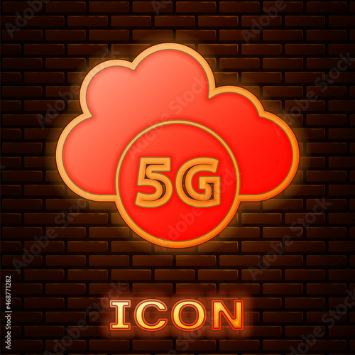 Glowing neon Cloud 5G new wireless internet wifi connection icon isolated on brick wall background. Global network high speed connection data rate technology. Vector