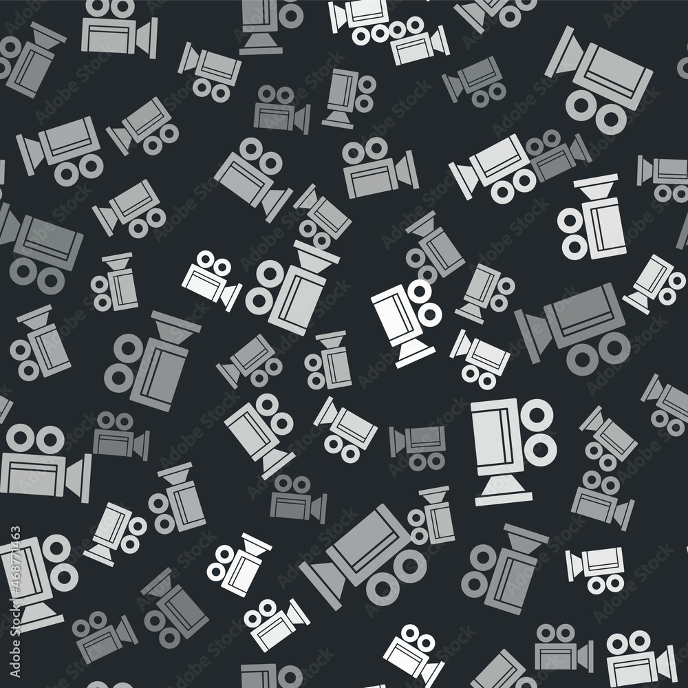 Grey Cinema camera icon isolated seamless pattern on black background. Video camera. Movie sign. Film projector. Vector