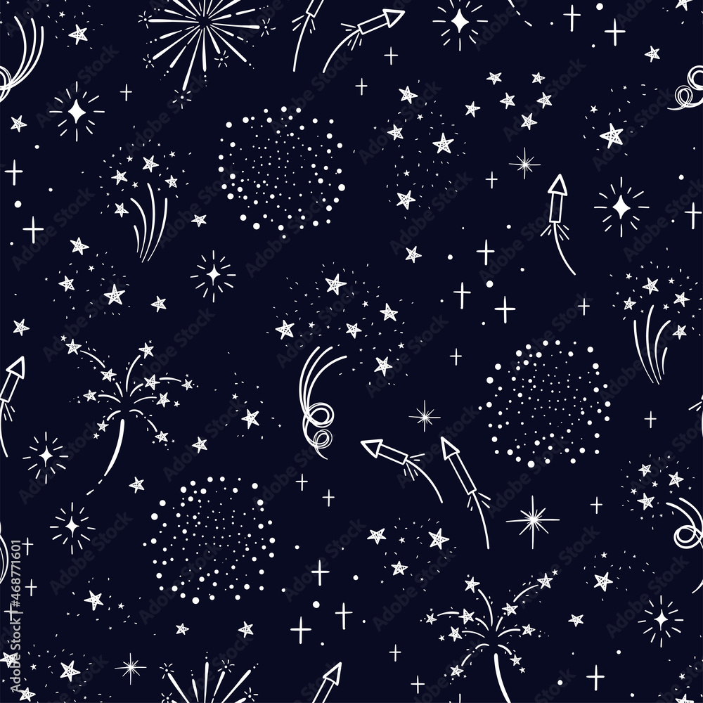 Naklejka premium Fun hand drawn doodle fireworks, seamless pattern, great for textiles, wrapping, banner, wallpapers - vector design
