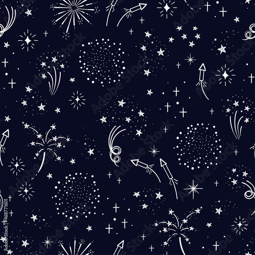 Fun hand drawn doodle fireworks, seamless pattern, great for textiles, wrapping, banner, wallpapers - vector design