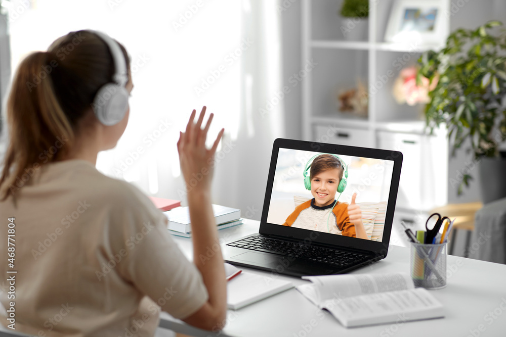 distant education, remote job and e-learning concept - female teacher ...