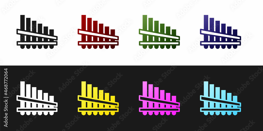 Set Pan flute icon isolated on black and white background. Traditional peruvian musical instrument. Zampona. Folk instrument from Peru, Bolivia and Mexico. Vector