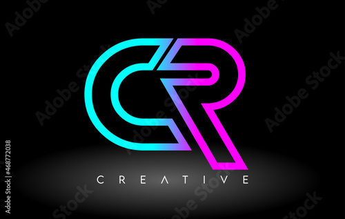 CR Neon Purple Blue Letters Logo Design. CR Outline Letter Icon Vector