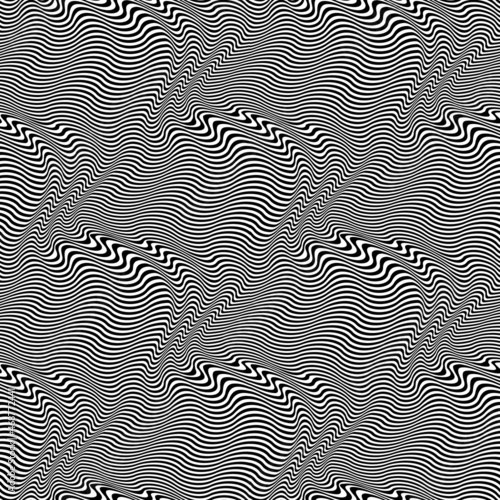 Seamless pattern of black white warped lines. Repeatable optical wavy texture. Modern psychedelic wallpaper.