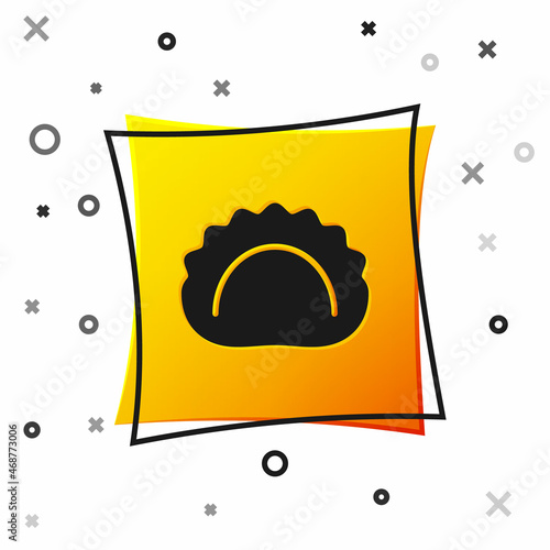 Black Dumplings icon isolated on white background. Pierogi, varenyky, pelmeni, ravioli. Traditional Ukrainian food. Yellow square button. Vector