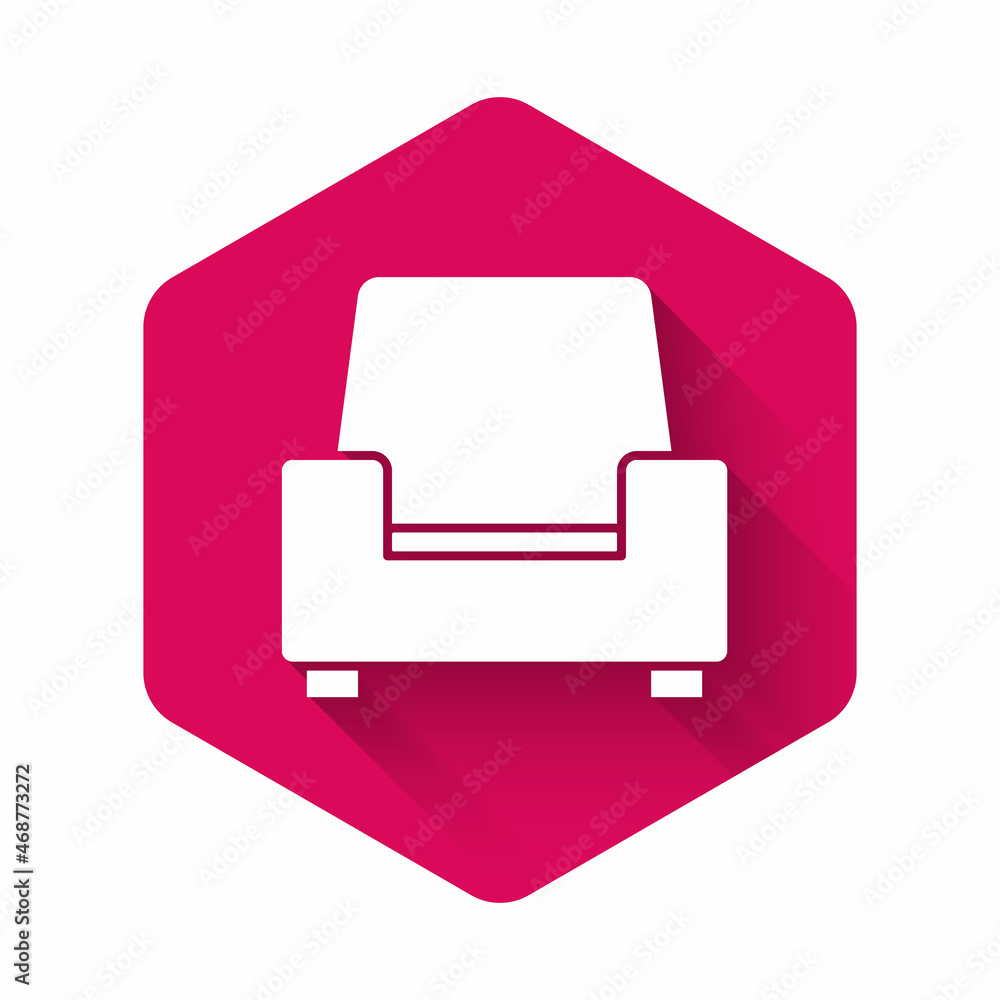 White Armchair icon isolated with long shadow. Pink hexagon button. Vector White Armchair icon isolated with long shadow. Pink hexagon button. Vector