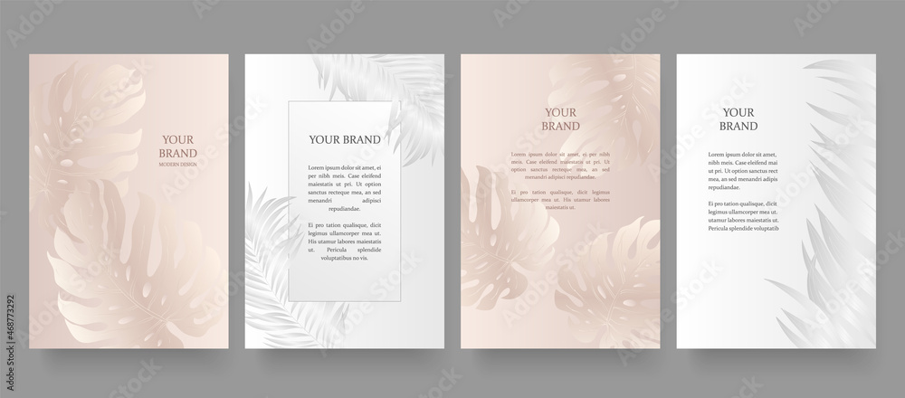 Exotic banner in light colors. Floral cover, frame design set with tropical leaf pattern. Platinum vertical vector template for lux invitation party, luxury voucher, gift card.