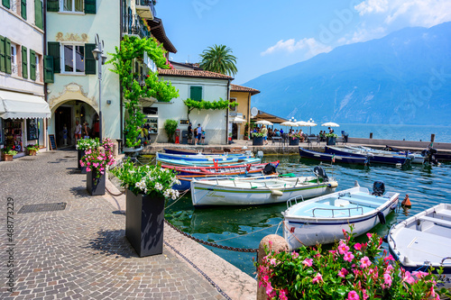 Limone sul Garda - harbour village at Lake Garda with beautiful mountain scenery, Italy - travel destination photo