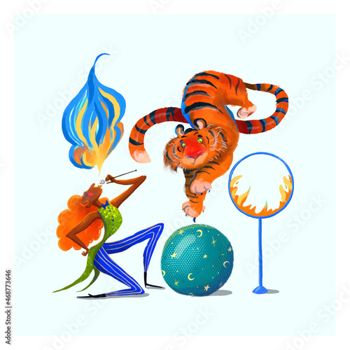 Trainer and tiger in the circus arena. Circus attributes. Hand drawn wind illustration for children's books decoration