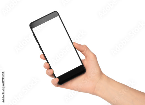 Smartphone in a female hand on a white background, isolate