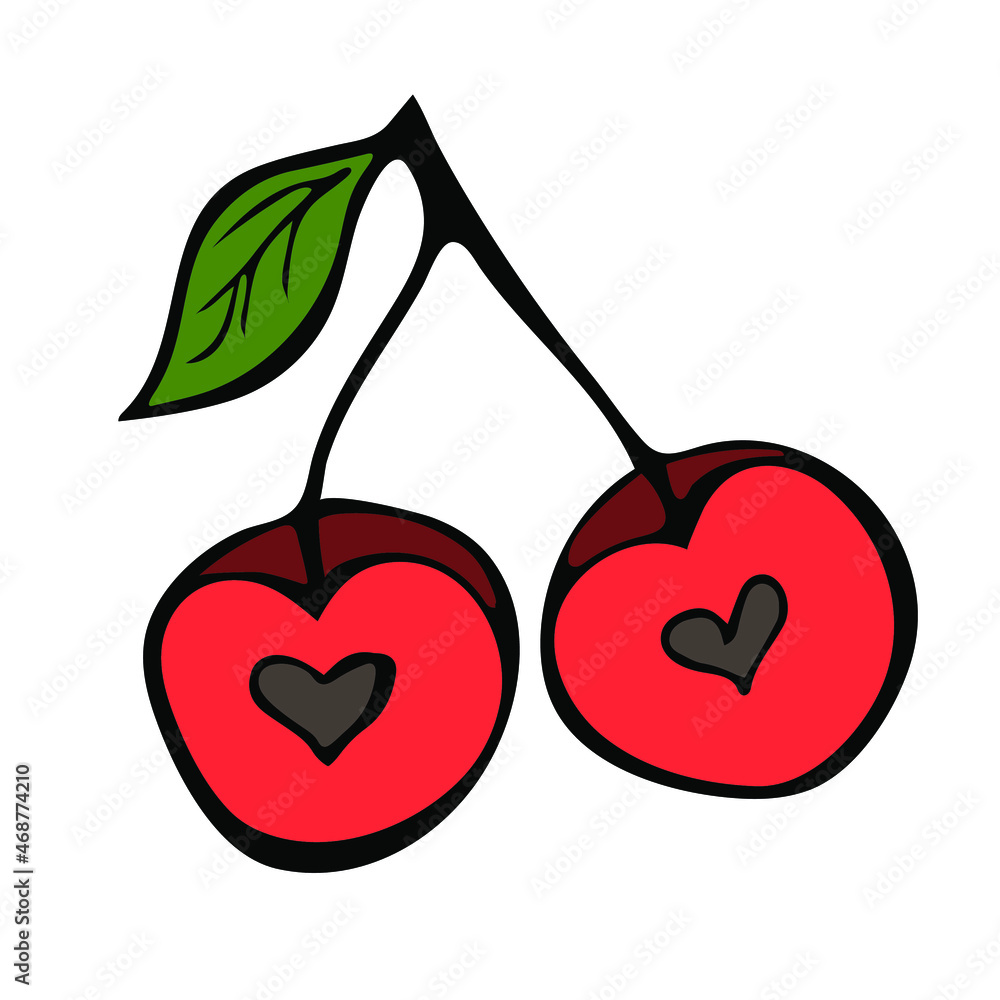 Cherry in heart shape. Happy Valentines day hand-drawn decorations. Vector illustration in doodle style. Cherry in heart shape. Happy Valentines day hand-drawn decorations. Vector illustration in doodle style.